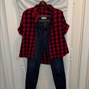 Madewell Red and Black Plaid Shirt with Denim Jeans